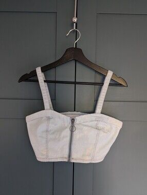 Ardene Light Wash Denim Crop Top with Front Zip | Small